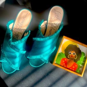 LIBBY EDELMAN Satin Fringe Open Toe Low Heel